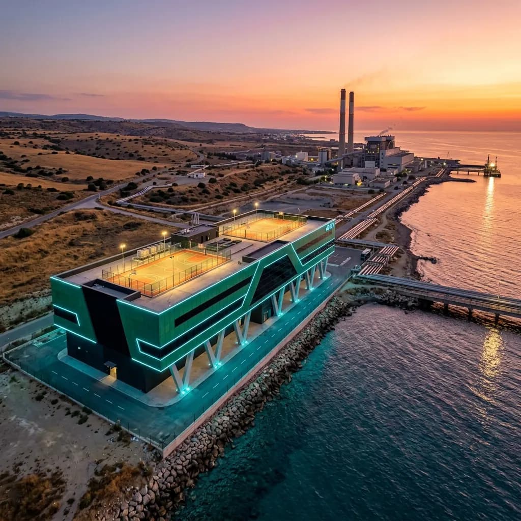 Concept aerial of planned AGICY Vasilikos campus at sunset — pre-construction