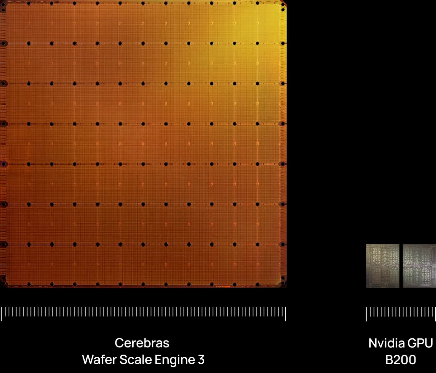 Cerebras WSE-3 size compared to an NVIDIA B200 GPU