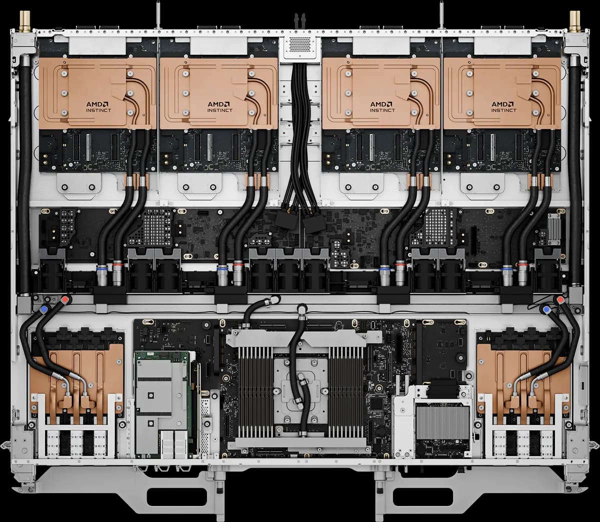 AMD Helios compute tray with four Instinct GPUs and liquid cooling