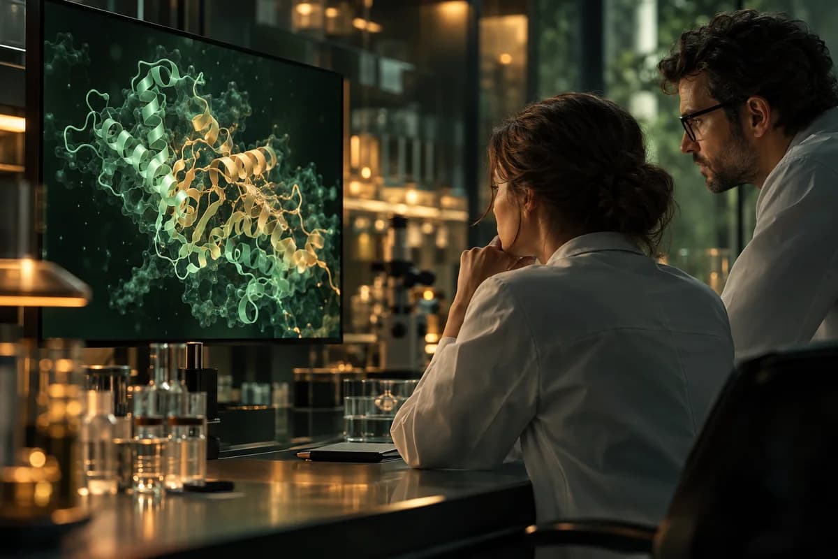 Illustrative researchers reviewing a molecular visualization in a laboratory
