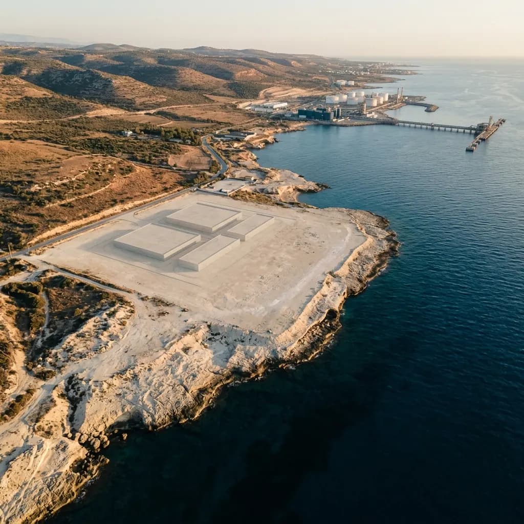 Aerial of the Vasilikos industrial coast today, with simple planned hall massing overlaid. Pre-construction concept — not a live campus.