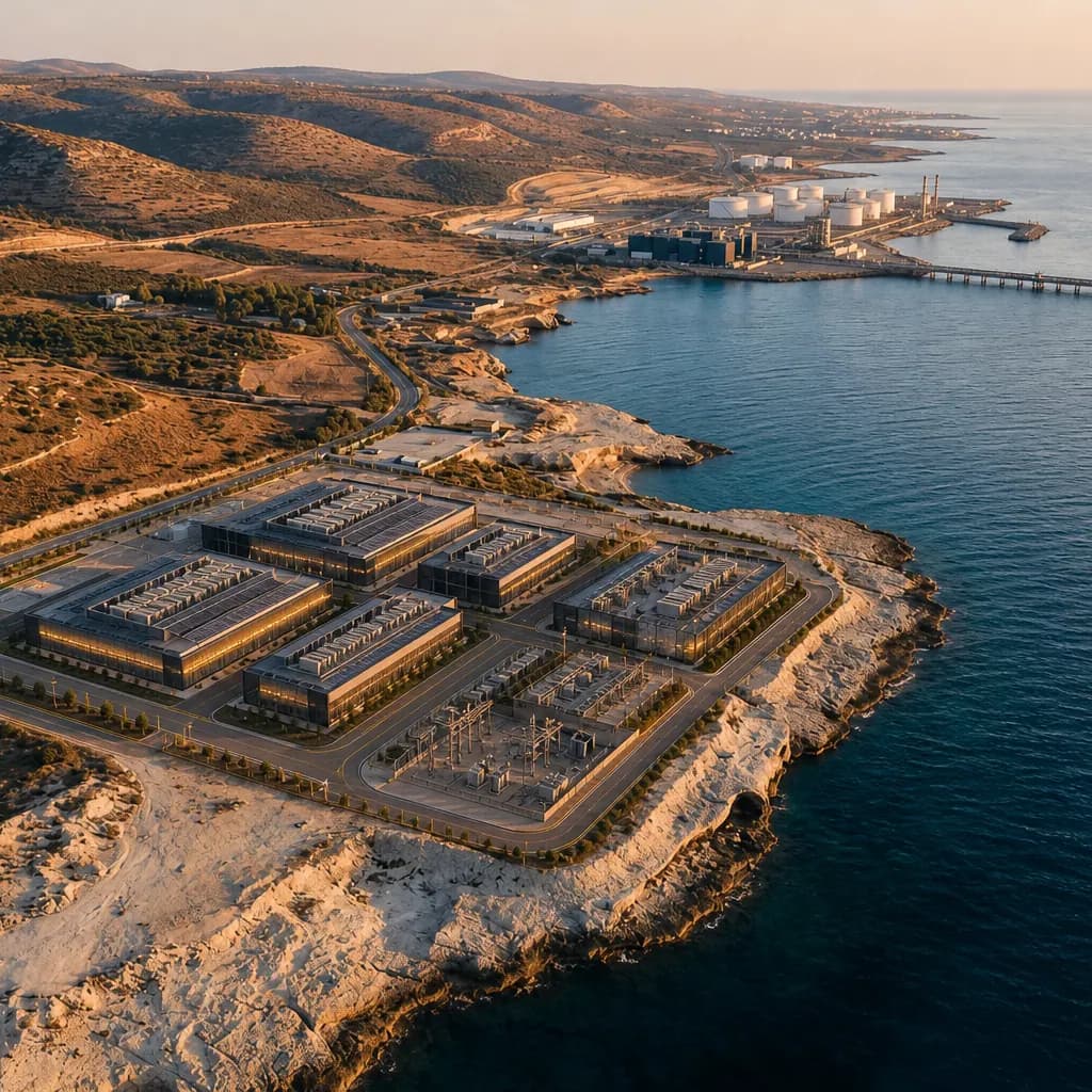 Architectural concept render of the planned Vasilikos campus on the industrial coast. Not a photograph of a completed facility.