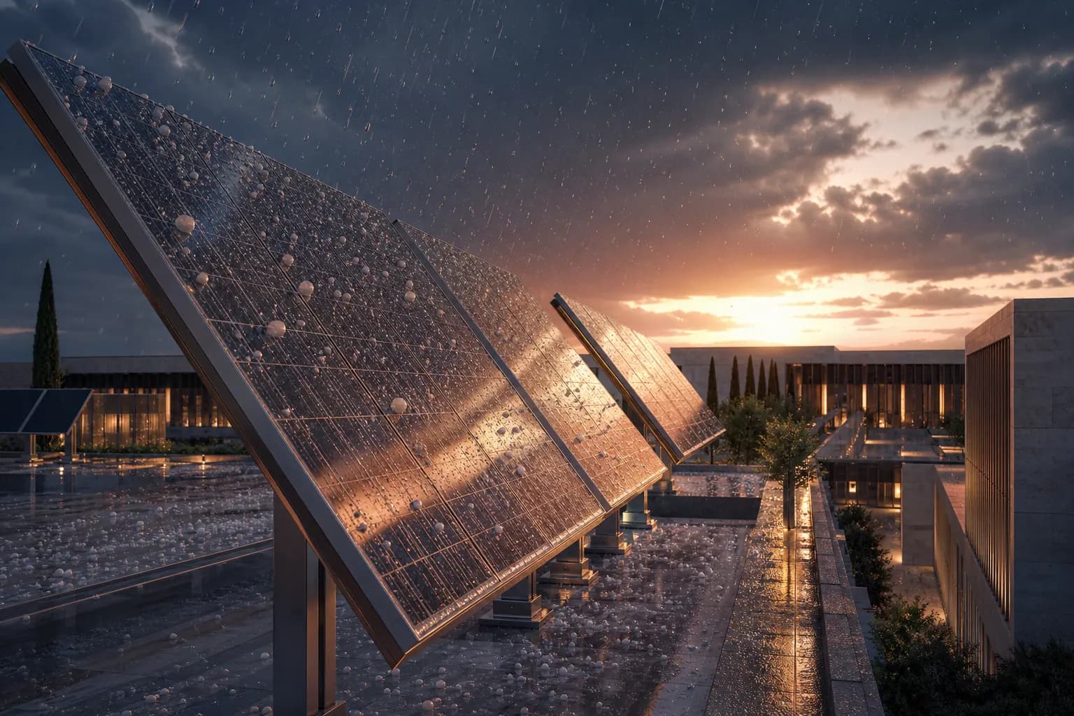 Editorial hail-class bifacial PV on a Mediterranean AI campus — visualisation, not installed fleet